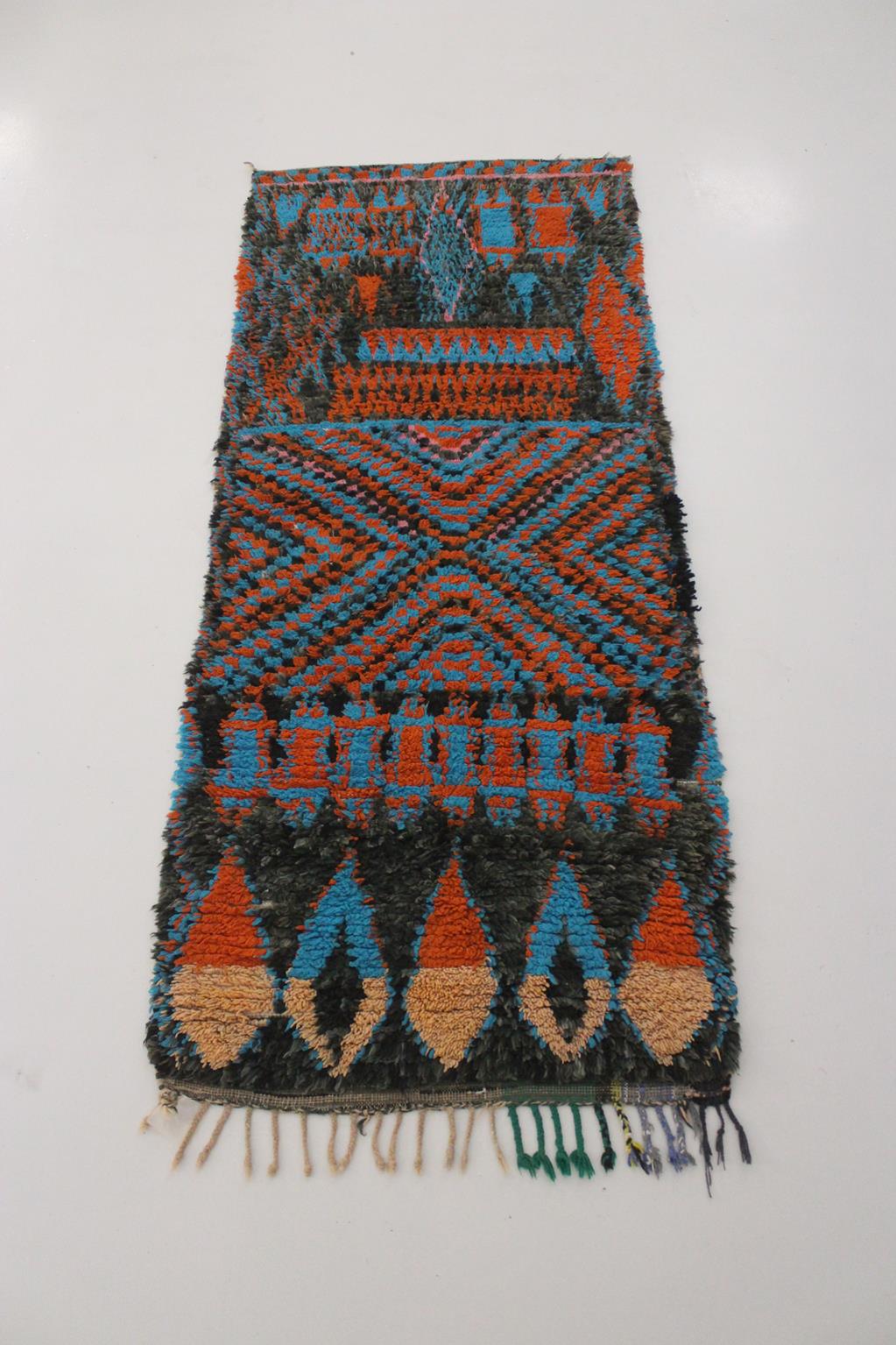 Vintage moroccan runner rug - black, blue, orange - Boucherouite - 2.9x7feet / 90x213cm