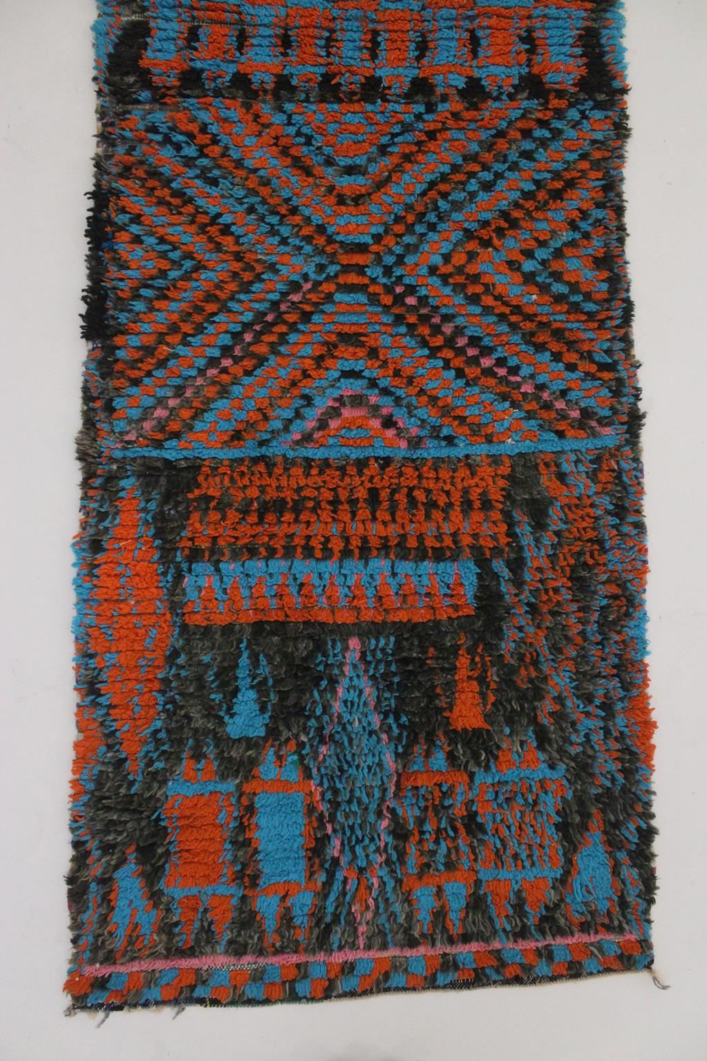 Vintage moroccan runner rug - black, blue, orange - Boucherouite - 2.9x7feet / 90x213cm