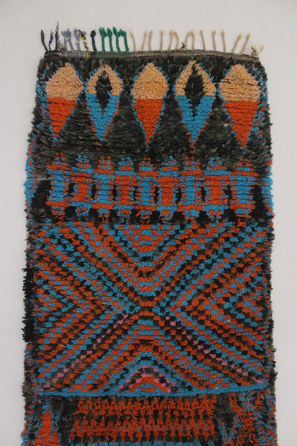 Vintage moroccan runner rug - black, blue, orange - Boucherouite - 2.9x7feet / 90x213cm