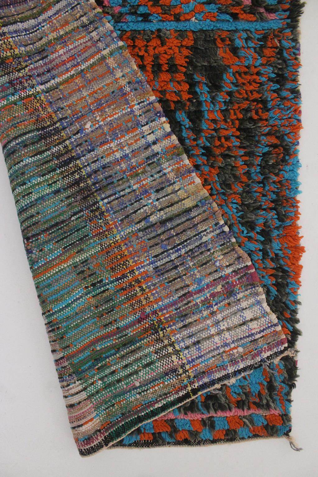 Vintage moroccan runner rug - black, blue, orange - Boucherouite - 2.9x7feet / 90x213cm