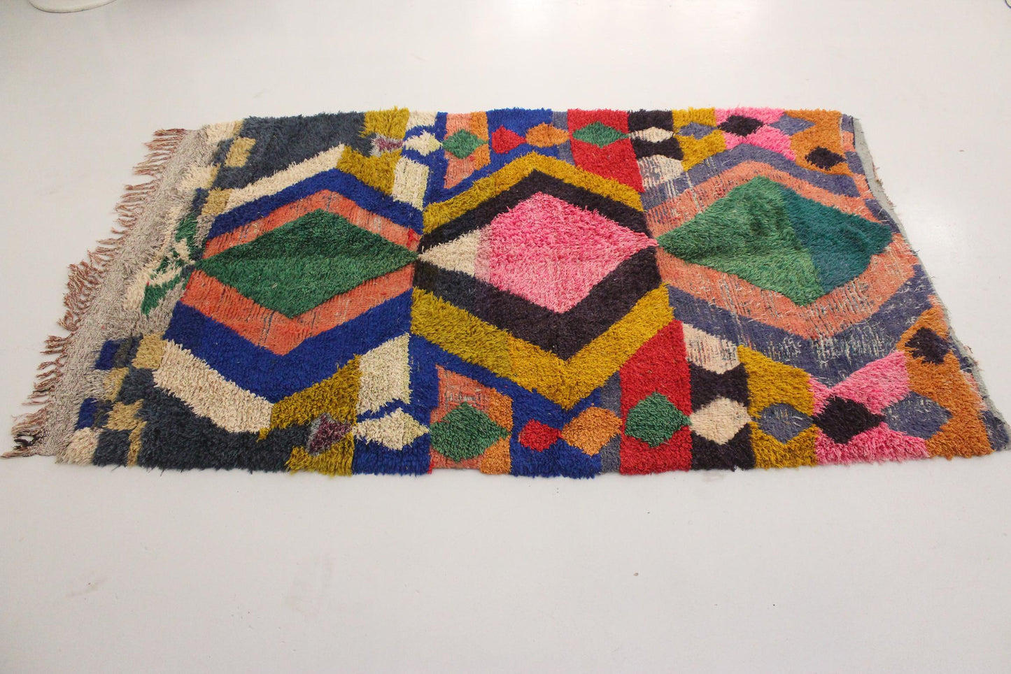 Vintage area moroccan rug - pink, gree, blue - Boucherouite - 5x8.2feet / 154x250cm