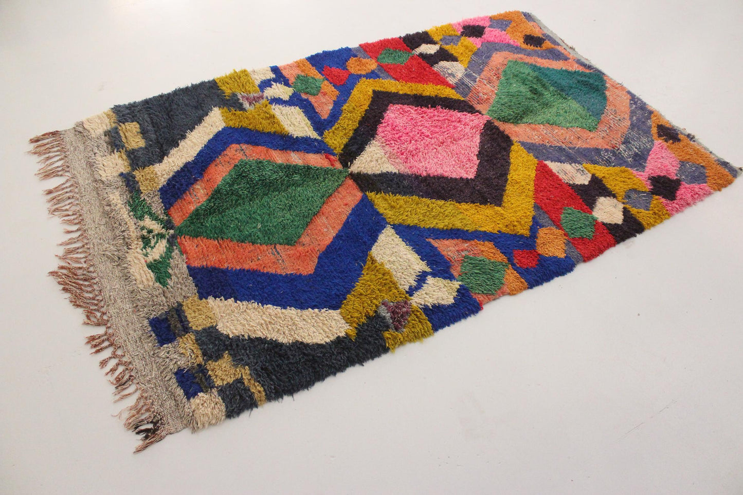 Vintage area moroccan rug - pink, gree, blue - Boucherouite - 5x8.2feet / 154x250cm