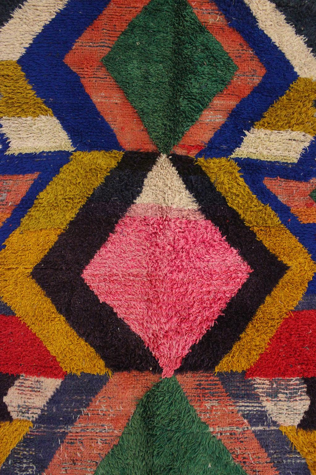 Vintage area moroccan rug - pink, gree, blue - Boucherouite - 5x8.2feet / 154x250cm