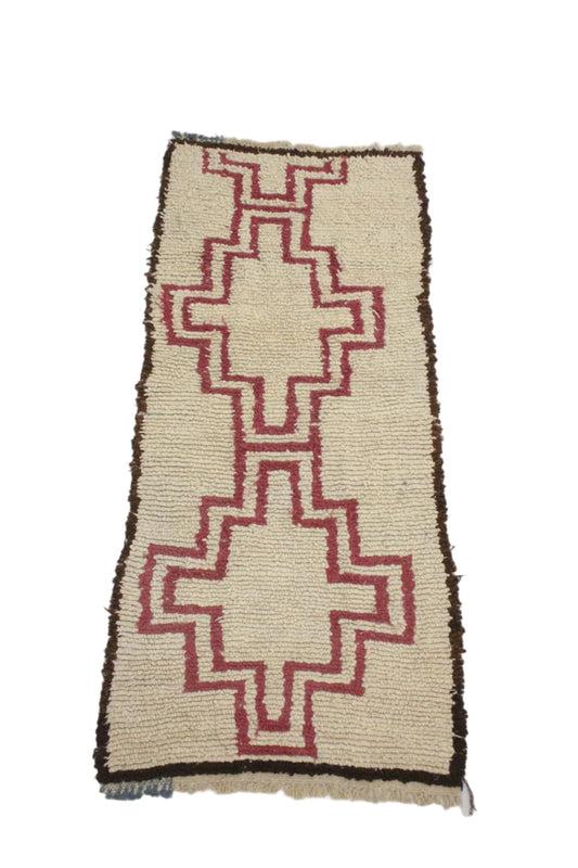 Vintage moroccan runner rug - cream, pink - Kilim Beni Ourain - 2.9x6.9feet / 90x210cm